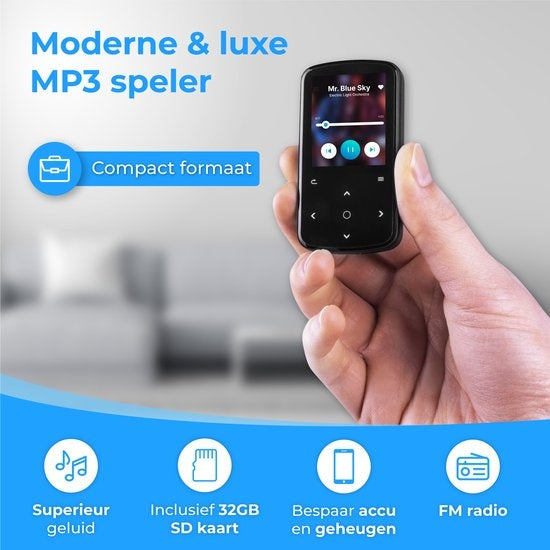 Nuvance - MP3 Speler met Touchscreen en Bluetooth - Incl. Oordopjes - met Clip - Voice Recorder Digitaal - met FM Radio - Zwart