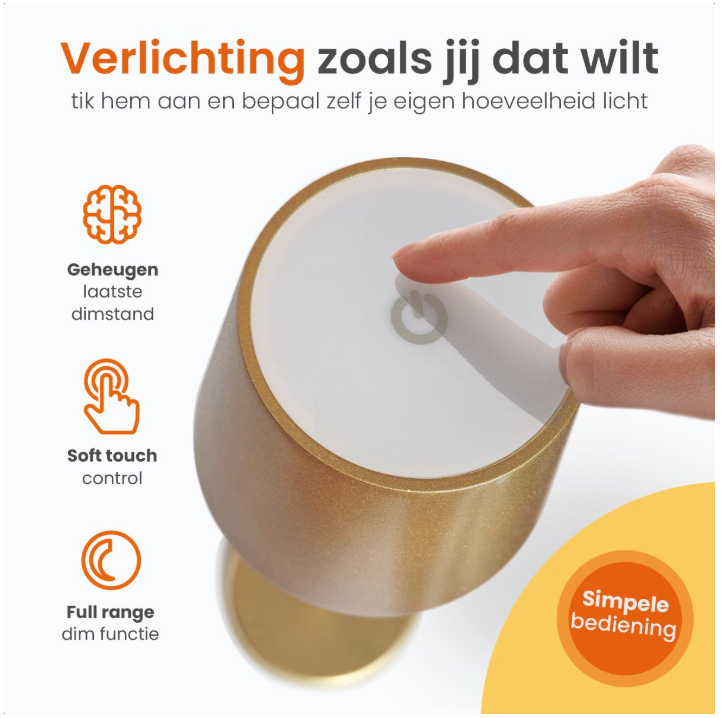 Goliving Tafellamp Oplaadbaar – Draadloos en dimbaar – Moderne touch lamp – Nachtlamp Slaapkamer – 38 cm – Goud