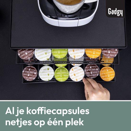 Gadgy Dolce Gusto Capsulehouders 2 Lades - Capsulehouder met lade - Koffie Cuphouder 72 capsules - Padhouder - RVS - Zwart - Antislip & Trilling Dempend