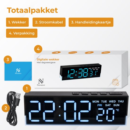 Nuvance Digitale Wekker - Digitale Klok - Reiswekker voor Kinderen & Volwassenen - Kleine Alarmklok - Wekkers Digitaal