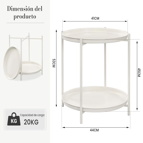 Woltu Ronde Bijzettafel met 2 Verwijderbare Planken - Metaal, Crème - Ø44 cm, Hoogte 57 cm
