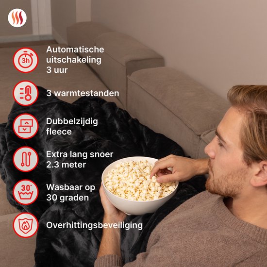 Seranova Elektrische Deken Light - 160x120 cm - 1 persoons Warmtedeken - Dubbelzijdig Fleece - Knuffeldeken - Grijs