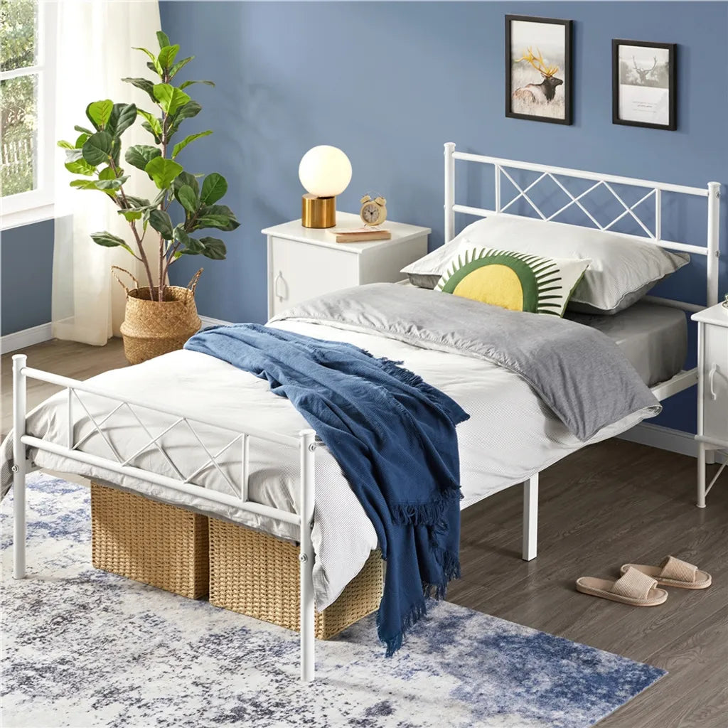 Yaheetech Bedframe 90 × 190 cm – Wit Metaal – Eenpersoonsbed met X-Design Hoofdbord, Lattenbodem en 32,5 cm Opbergruimte