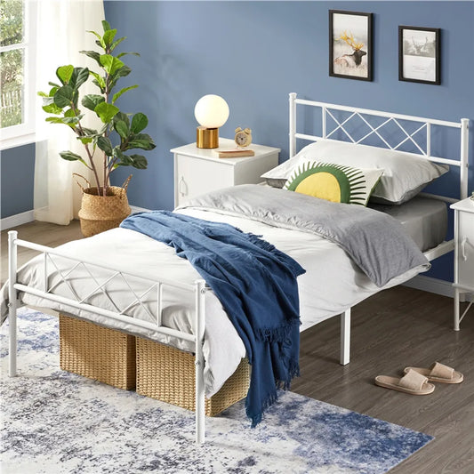 Yaheetech Bedframe 90 × 190 cm – Wit Metaal – Eenpersoonsbed met X-Design Hoofdbord, Lattenbodem en 32,5 cm Opbergruimte