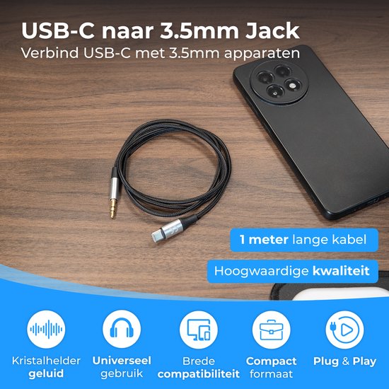 Nuvance AUX naar USB C - AUX Kabel USB C - 1 Meter - USB C naar AUX - Gevlochten Nylon - USB C AUX - USB C naar Jack