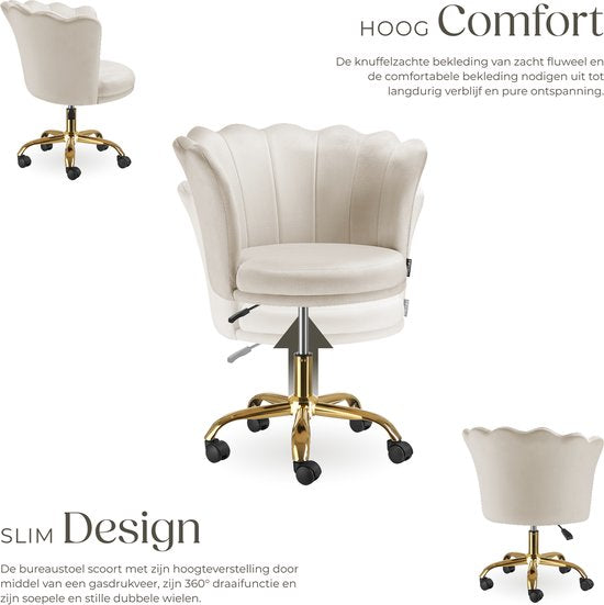 tectake® Bureaustoel - In hoogte verstelbaar draaifauteuil met fluwelen bekleding - Ergonomische schelpvorm - Stoel met wielen - Eetkamerstoel op wieltjes - 360° draaibaar - Bureau Stoel - Wit
