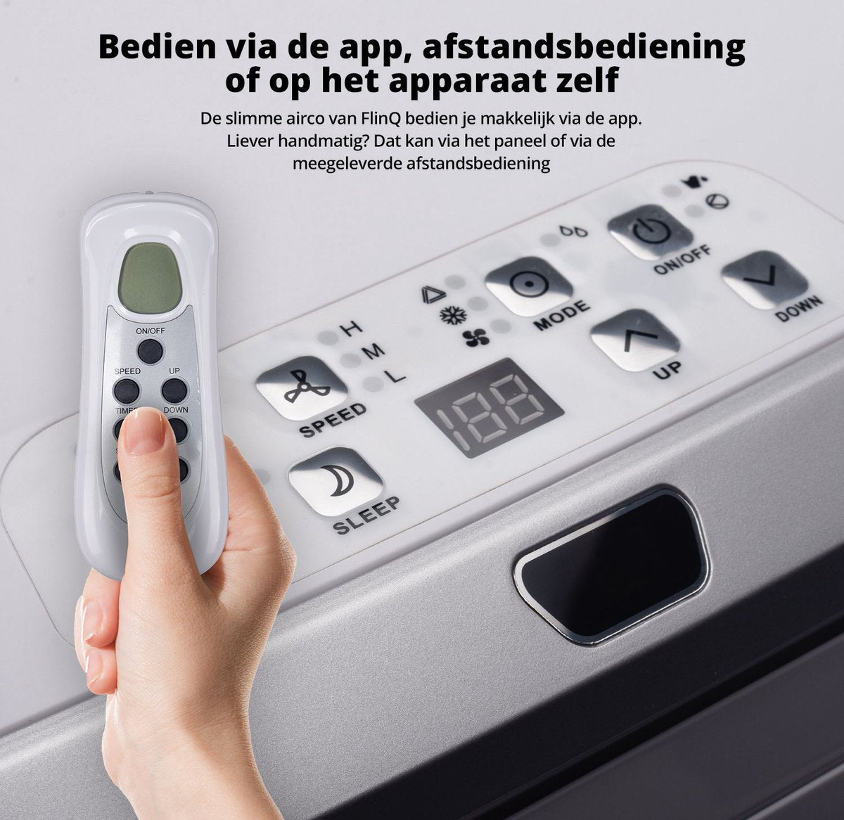 FlinQ Slimme Mobiele Airco Met Afvoerslang - 13.000 BTU - Stille Slaapfunctie - Verkoelt tot 50m2 - Met App en Afstandsbediening - 41.5 x 41.8 x 79 cm - Wit