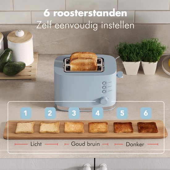 KitchenBrothers Broodrooster - Toaster - 6 Instelbare Warmteniveaus - 2 Extra Brede Sleuven - 870W - Pastel Blauw