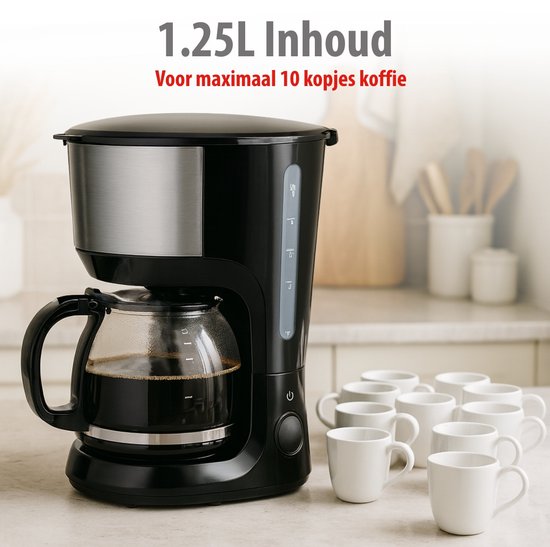 alpina Koffiezetapparaat Filterkoffie 750 W - Koffiemachine met Herbruikbare Koffiezet Filter - Koffiemachine met 1,25 L Glazen Kan - 10 Kopjes Koffie per Keer - Anti-Druppel Koffiemaker