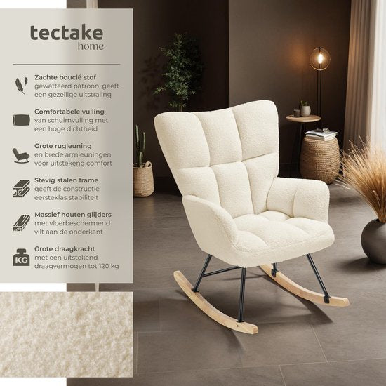 tectake® Schommelstoel Torve - Gestoffeerde Bouclé-Stof Schommelstoel in Scandi-Stijl - Relaxstoel met Houten Glijders, Zachte Bekleding en Hoge Rugleuning voor Optimaal Comfort - 70 x 96 x 97 cm - Beige