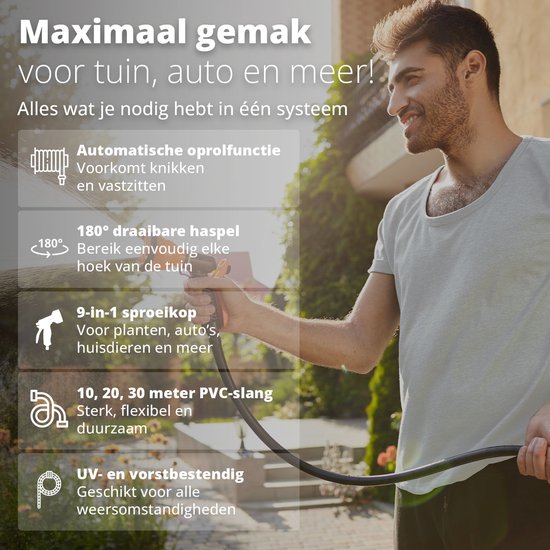 FlinQ Tuinslanghaspel 30 meter - Slanghaspel Automatisch - 180° draaibare Muurhaspel - Wandslangenbox met Tuinslang, Haspel en Sproeikop - 9 Sproeistanden