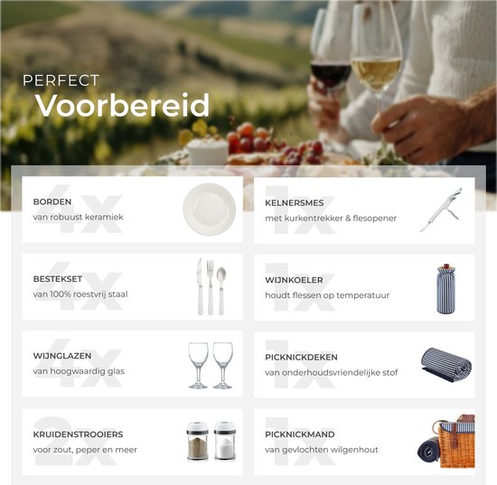 tectake® complete Picknickmand Set Texel - Luxe 24-delige Picknick set voor 2 personen - Rieten Picknick Mand met Picknickkleed - Inclusief Koelvak, Set met Borden, Kunststof Wijnglazen en Roestvrijstalen Bestek