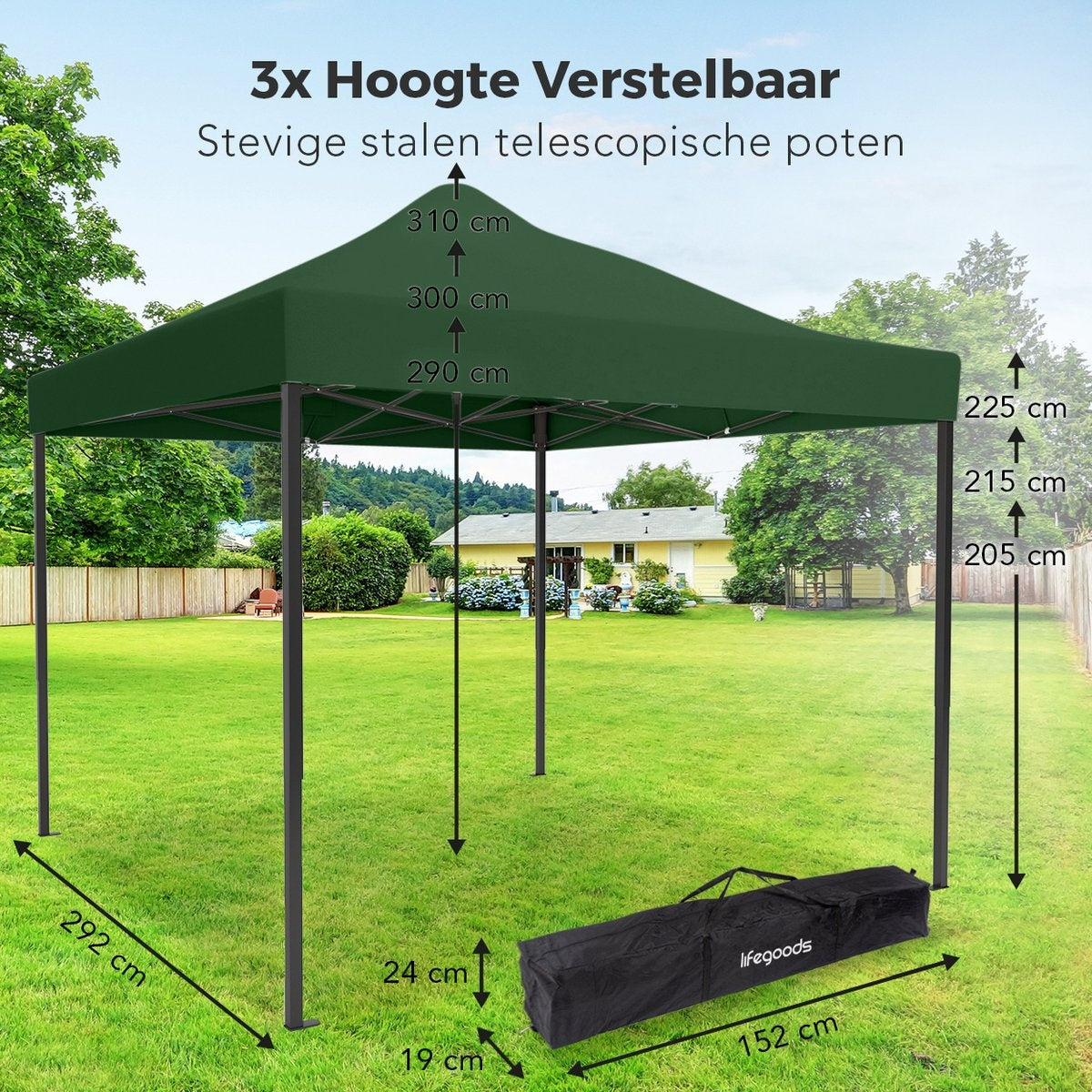 LifeGoods Partytent - Paviljoen - EasyUp - Opvouwbaar - Waterdicht - Met Draagtas met wieltjes - 300 x 300 cm - Donkergroen