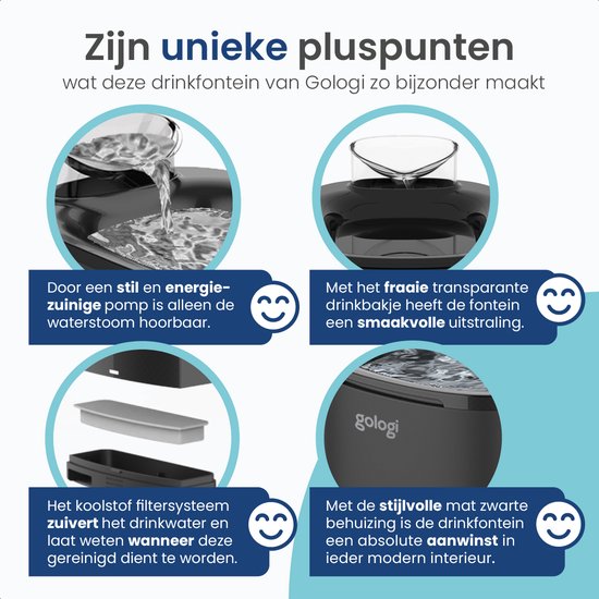 Gologi Drinkfontein Kat en Hond XL – 3,5L – Slimme Waterfontein met app – Kattenfontein – Geruisloos – Zwart