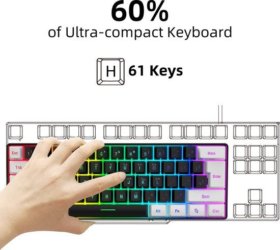 HXSJ V700 RGB Compact Gaming Toetsenbord Qwerty 61 toetsen met achtergrondverlichting Zwart/Wit