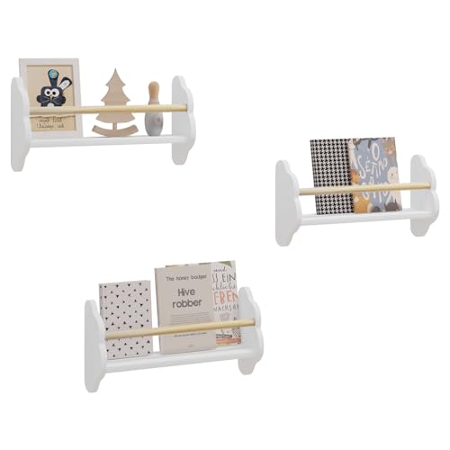 Woltu Kinderboekenkast Wolkvormige Wandplank - MDF en Grenenhout Wit - 3 Planken 45x12,7x23 cm