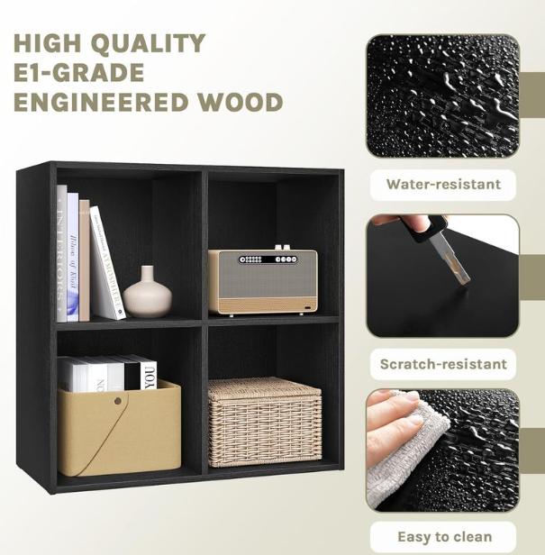 Woltu Boekenkast met 4 Vakken - Lage Opbergkast 59,6 x 29 x 59,8 cm - Multifunctionele Houten Kast - Scandinavisch Design - Zwart