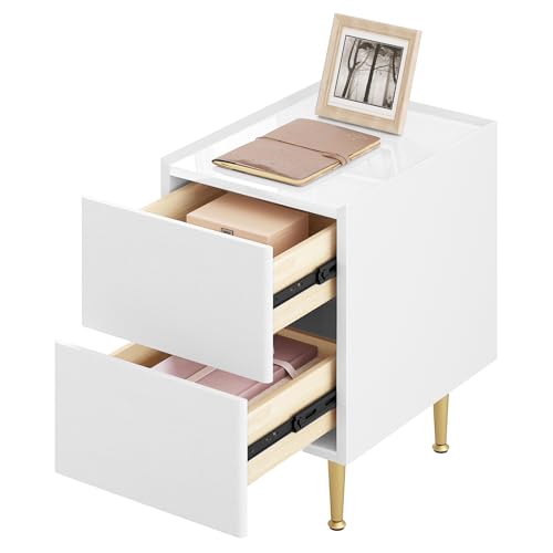 Woltu Nachtkastje met 2 Lades Hoogglans - Hout PVC + Metaal Wit + Goud - 30 x 40 x 51 cm