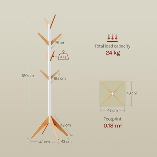 Woltu Kapstok met 8 Haken Wit en Naturel 180 cm