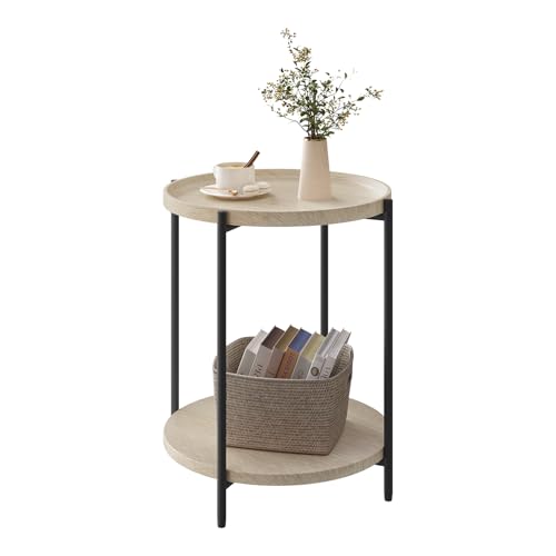Woltu Ronde Salontafel met 2 Planken - Verwijderbare Bovenplaat - Metaal en Licht Eikenhout - Ø 43 cm