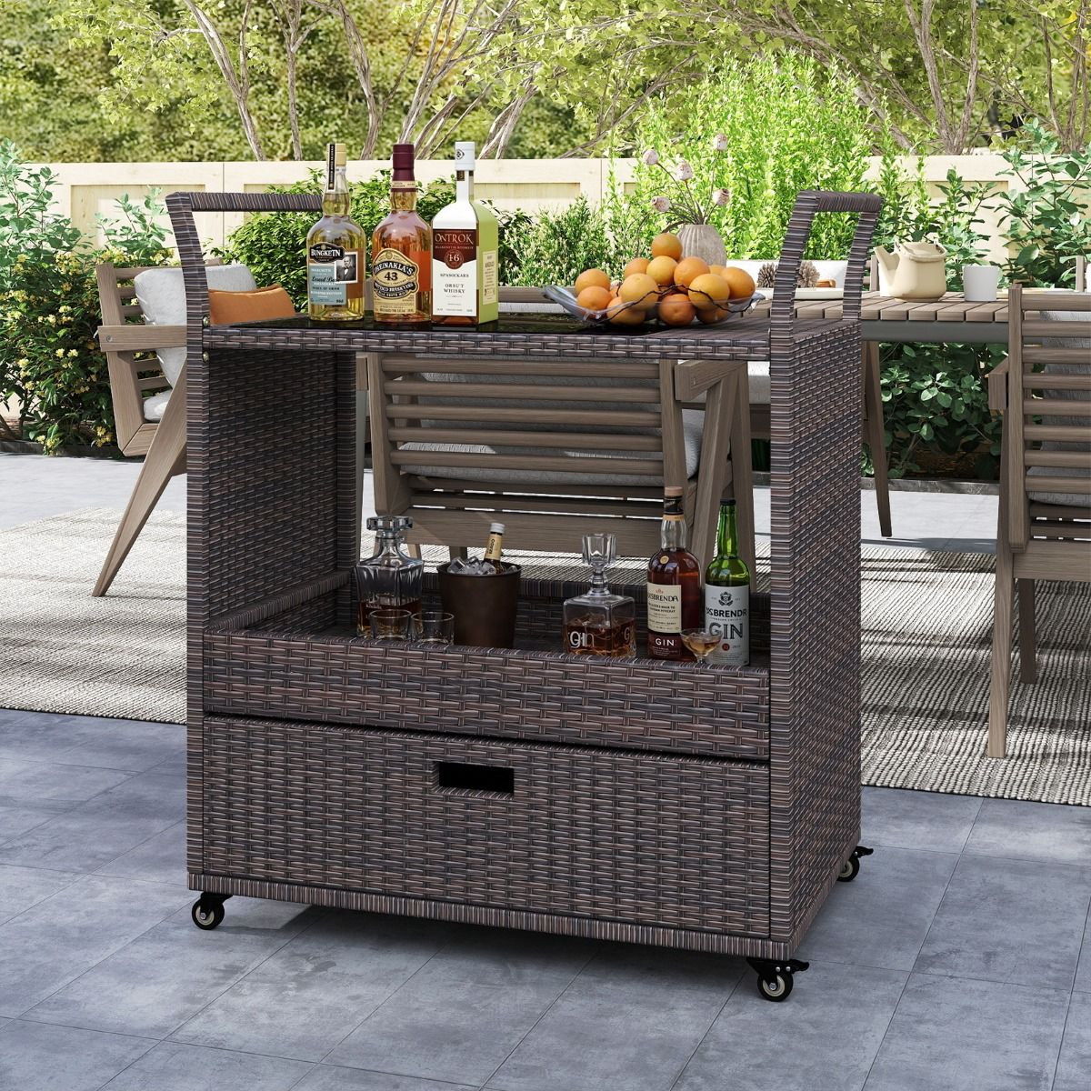 Coast Rieten Barwagen - met gehard glazen blad - grote lade en open plank - bruin - 85 x 47 x 92 cm