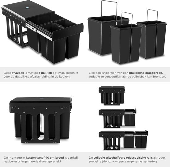 tectake® Afvalverzamelaar - Inbouw vuilnisbak - Meervoudige afvalscheiding - Efficiënte opruimoplossing voor keuken en kantoor - Driedubbele prullenbak met telescooprails - 2x 8L + 1x 15L