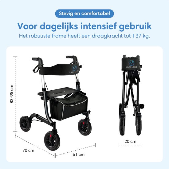 SafeLife® Rollator lichtgewicht en opvouwbaar - zitfunctie - voor binnen en buiten - Rugleuning en wandelstok houder - Zwart