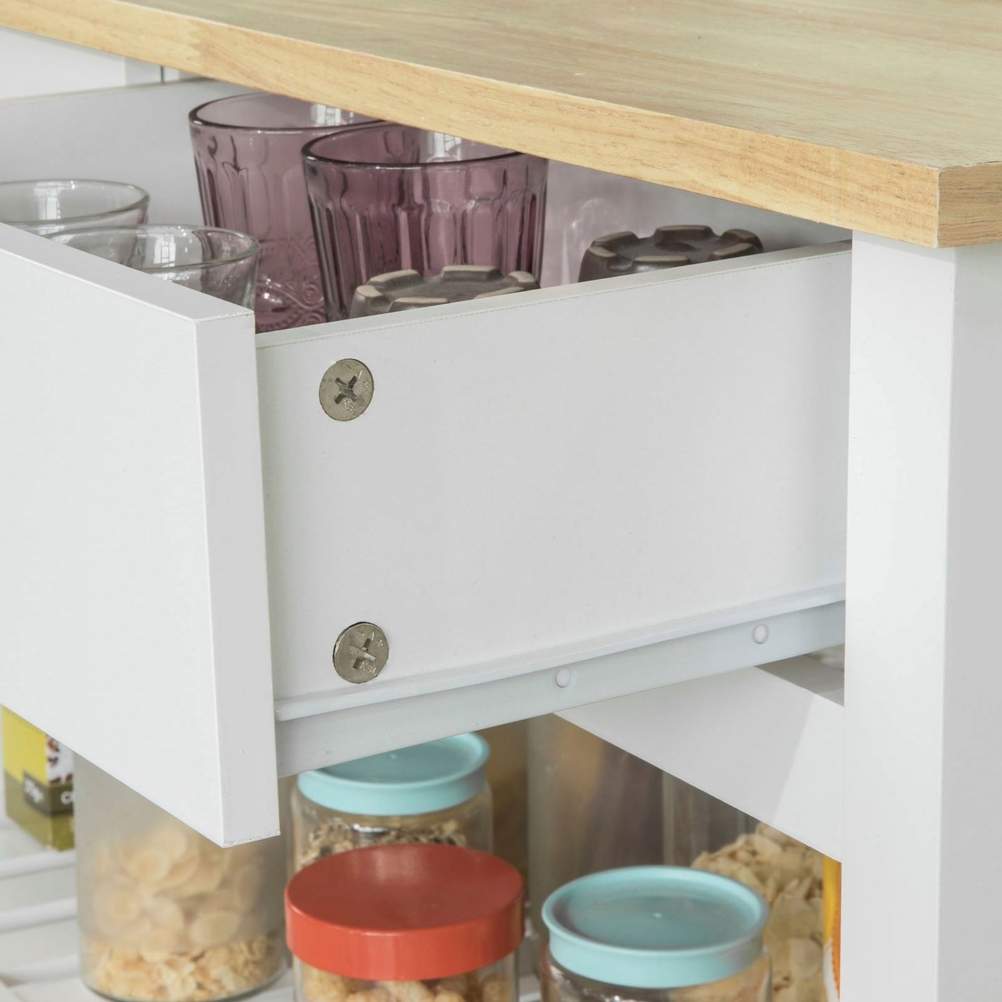 SoBuy - Kookeiland Op Wielen - 100 x 60 x 94 cm - Wit & Hout Composiet - Mobiele Keukentrolley Met Opbergkast - Voor Keuken & Voorraad