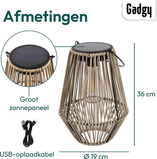 Gadgy Solar Tuinverlichting Rattan Beige - Tuinverlichting op Zonne Energie - Solar Tafellamp met USB-aansluiting - Buitenlamp Tuinbeeld - Tuinlantaarn met Dag/Nacht Sensor - Verlichting voor Buiten - Lantaarn Tuin