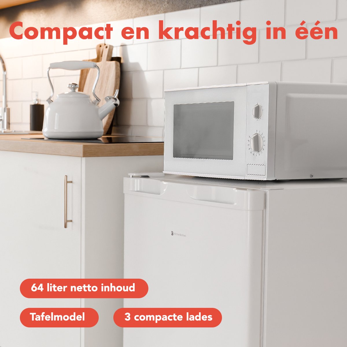 KitchenBrothers Vriezer – 3 Vrieslades – 64 liter – 47.5 x 50.4 x 84 cm – Wit