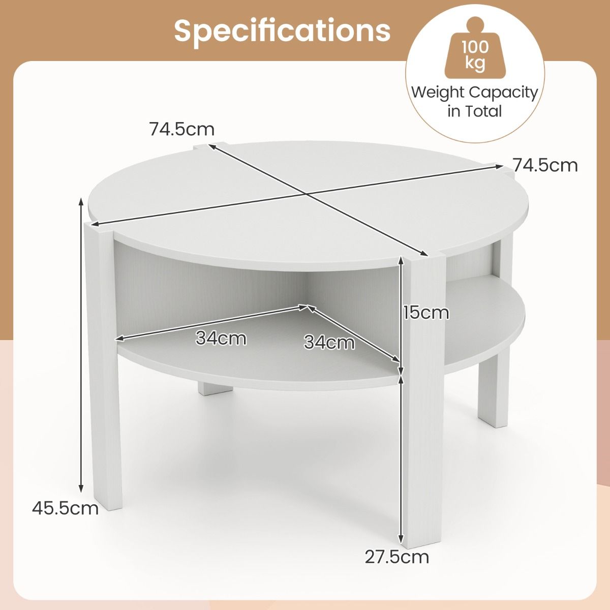 Coast Ronde Salontafel - met opbergruimte - 4 planken - wit 74,5 x 74,5 x 45,5 cm