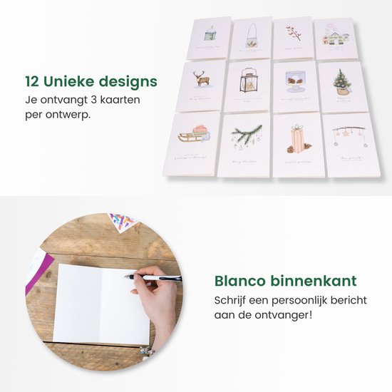 Partizzle 36x Luxe Kerstkaarten met Enveloppen Set - Nieuwjaarskaarten - 2025 Collectie / 12 Ontwerpen