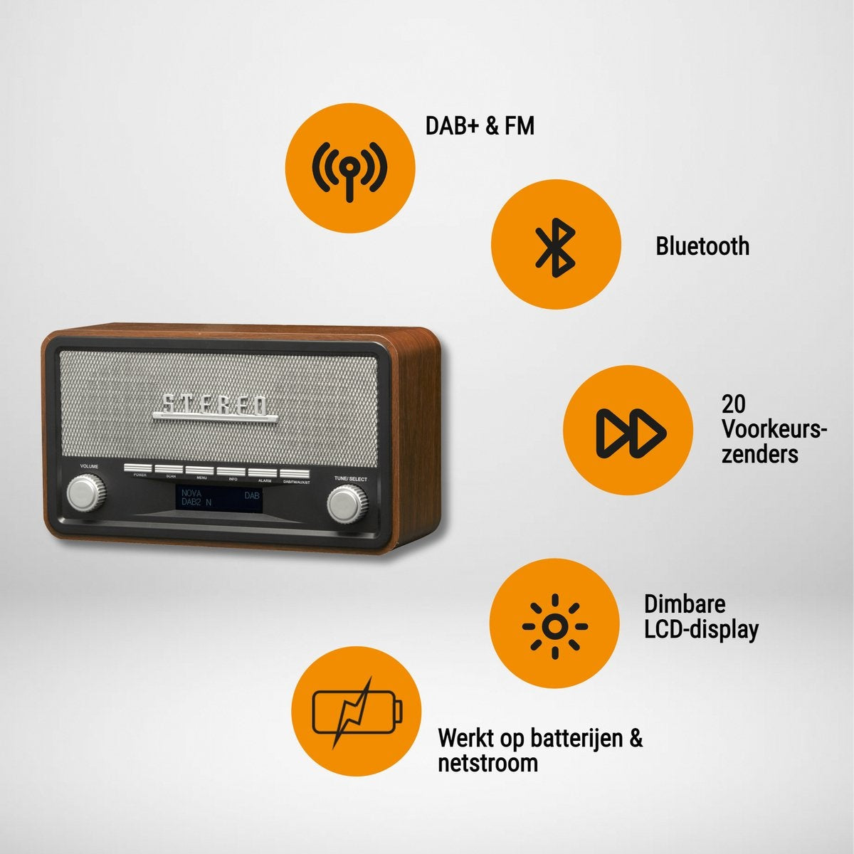 Denver DAB Radio - Retro Radio - Bluetooth - DAB+/ FM - Dimbaar - Batterijen & Netstroom - DAB18