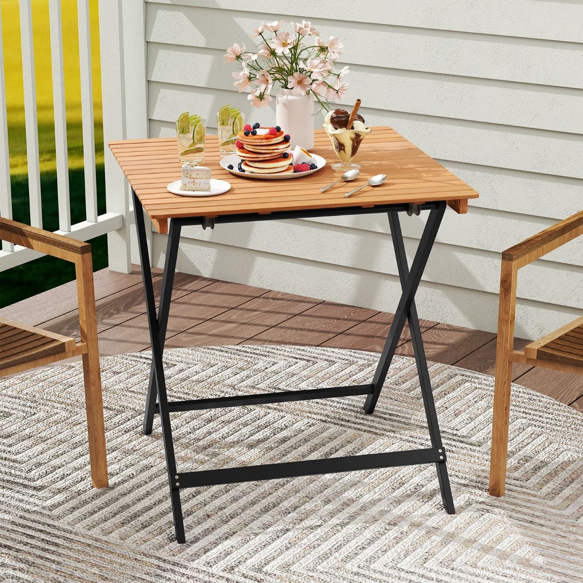 Coast Opklapbare Bijzettafel - X-vormig frame - Acaciahout - Naturel en zwart - 70 x 70 x 73 cm