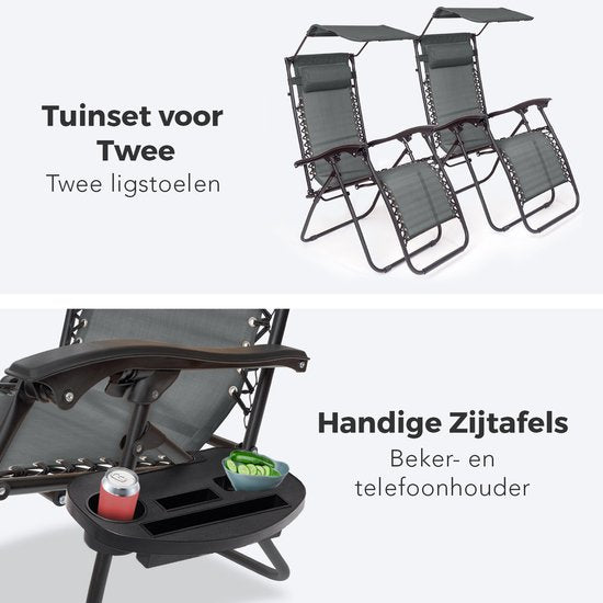 LifeGoods Opvouwbare Tuinstoelen - Verstelbaar Zonnescherm - Ligstoel Tuin - 2 Stuks - 30°-90° Verstelbaar - Metaal - Donkergrijs