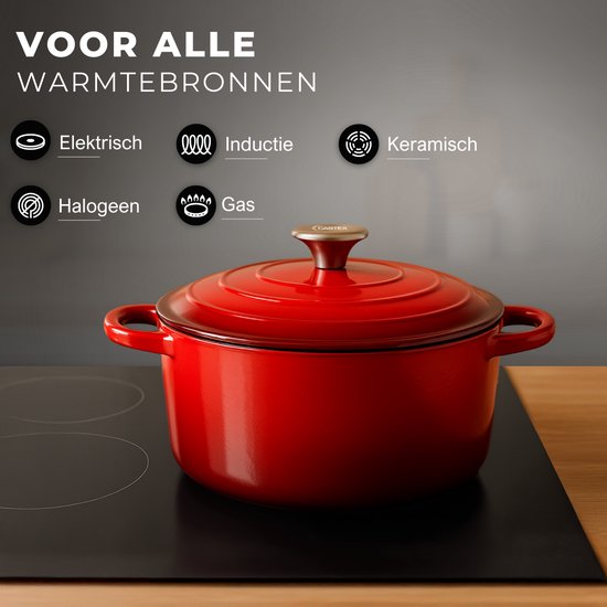 Castex Elegance Royal Gietijzeren Braadpan met Deksel 28 cm - 6,4L - Inductie Pan - Braadpannen Gietijzer – Rood