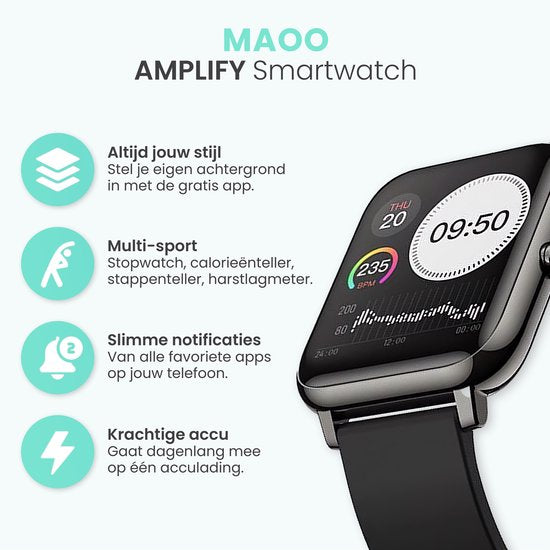 MAOO Amplify Smartwatch – Incl. Screenprotector – Hartslag, Bloeddruk & Bloedsaturatie – Slaapmonitor – Stappenteller – Afstandsmeting – Waterproof – Android & iOS – Zwart