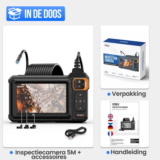 Strex Endoscoop met Scherm 5M - Inspectiecamera - Rioolcamera met HD Beeld - IP67 Waterdicht - Instelbare LED Verlichting