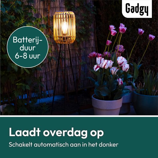 Gadgy Solar Tuinverlichting Staande Lamp Terras - Buitenlamp Zonne Energie Balkon & Tuin - Driepoot Tuinlamp Led Buiten met USB-aansluiting - Tuinverlichting op Zonneenergie - Lantaarn voor Buiten Verlichting - Tuinlampen - Rattan