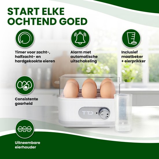 TTD® Smart Eierkoker Elektrisch met Timer - Geschikt voor 1 tot 6 Eieren - Hardgekookt, Zachtgekookt of Halfzacht - Eierwekker - Eierkoker Electrisch - Inclusief Eierprikker en Maatbeker