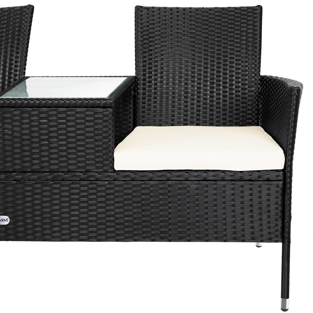 Casaria Polyrattan Tuinbank - Incl. Kussen Tafel 143x55x88 cm Zwart