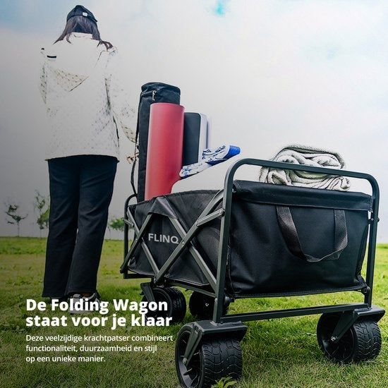 FlinQ Bolderkar tot 130 KG - Opvouwbaar - Strandkar met Duwstang - Inklapbare Bolderwagen voor Strand - 100L Inhoud met Draaibare Wielen - Zwart