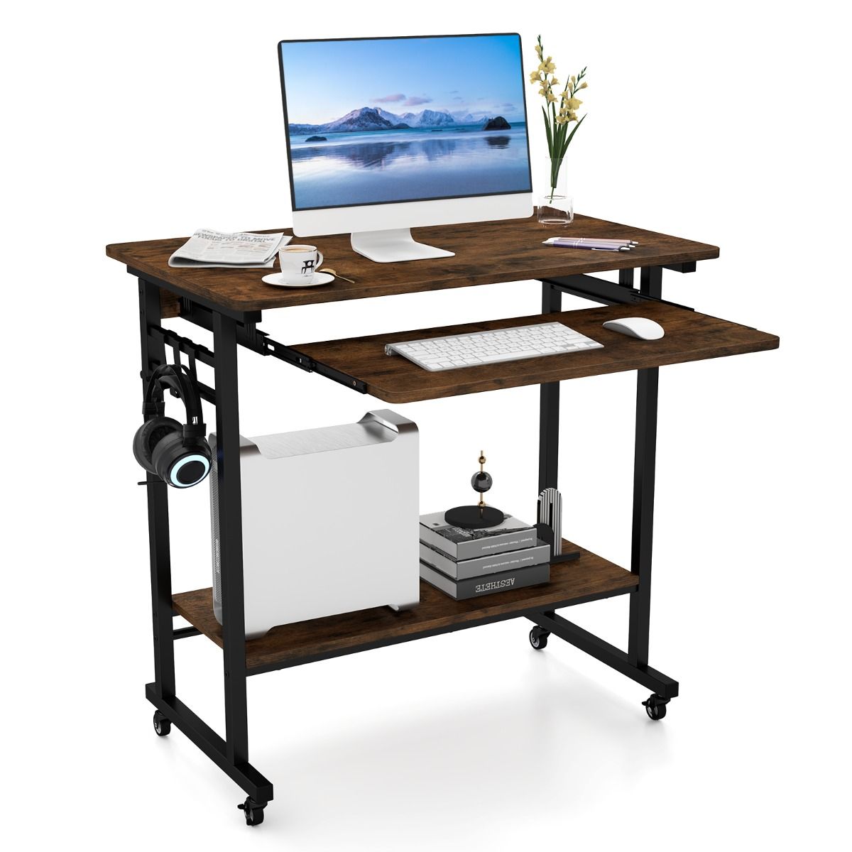 Coast Computertafel op wieltjes - met toetsenbordplank en opbergrek - vintage bruin - 80 x 50 x 78 cm