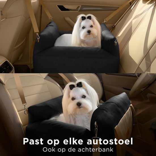 CozySense® Honden Autostoel - Hondenmand Auto voor Kleine Hond - Voorbank & Achterbank - Wasbare Hoes & Ook als Draagtas - Zwart/Beige