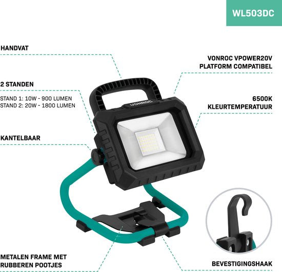 VONROC Accu Bouwlamp 20V - LED - 20W – 2 standen: 900/1800 lumen – kantelbaar – brede stralingshoek - Zonder accu & lader