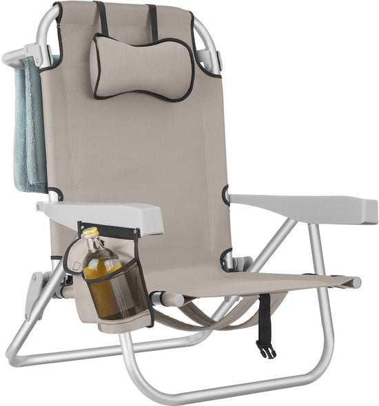 tectake® Strandstoel Coral - Opvouwbare Campingstoel met Koeltas en Opbergtas - 5-voudig Verstelbare Rugleuning met Hoofdkussen - Brede Armleuningen met Bekerhouder / Telefoonhouder - Inklapbare Kampeerstoel - Beige