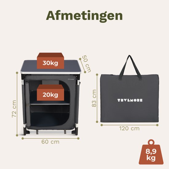TRVLMORE Campingkast - Campingkeuken - 70KG Draagvermogen - Aluminium Frame - Inklapbaar - Incl. Draagtas - 50x60x72CM - Grijs
