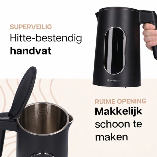HomeShift® Waterkoker met Temperatuurregeling - Warmhoudfunctie - Dubbelwandig - Elektrisch - 1,7 Liter - 2200W - Zwart