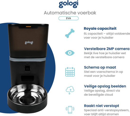 Gologi Automatische Voerbak Eva - Voice Recorder - Camera - Voerautomaat hond - Voerautomaat dispenser kat - Brokgrootte 3 tot 15 mm - Inhoud 6L - Zwart