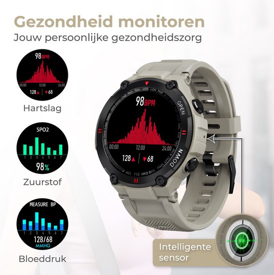 Nuvance - Outdoor Smartwatch - IP67 Waterdicht - Bluetooth Smartwatch voor Dames en Heren - Smartwatches - Sporthorloge met Stappenteller, Calorie Teller, Slaap meter - Geschikt voor alle Smartphones - Grijs